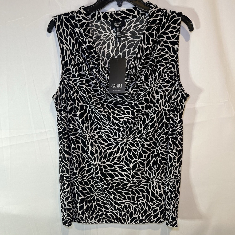 NWT Women's L Jones New York Sleeveless Black‎ Polka Dot Blouse Top Pleated Neck